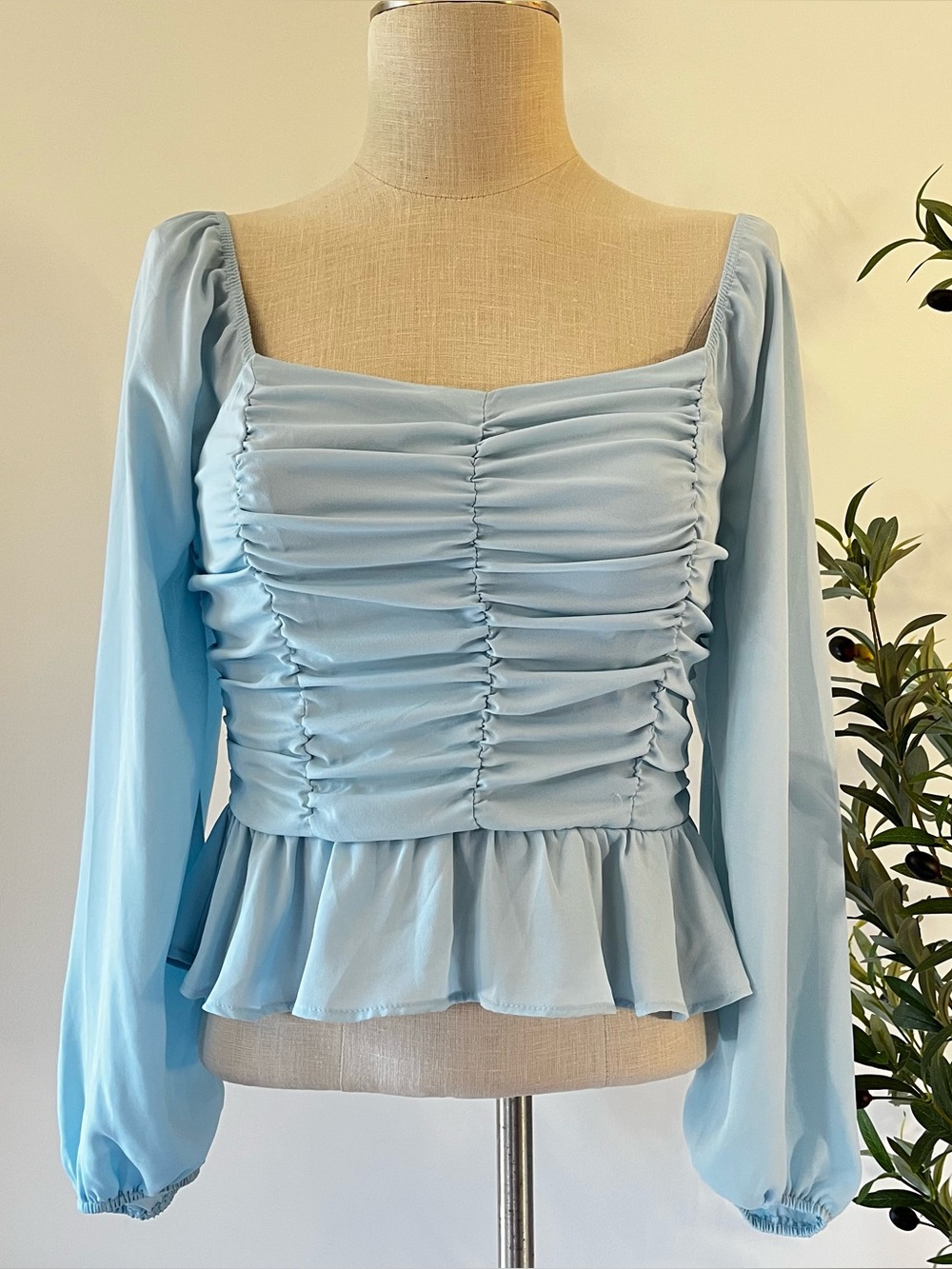 Shinestar Light Blue Smocked Peplum Blouse with Balloon Sleeves